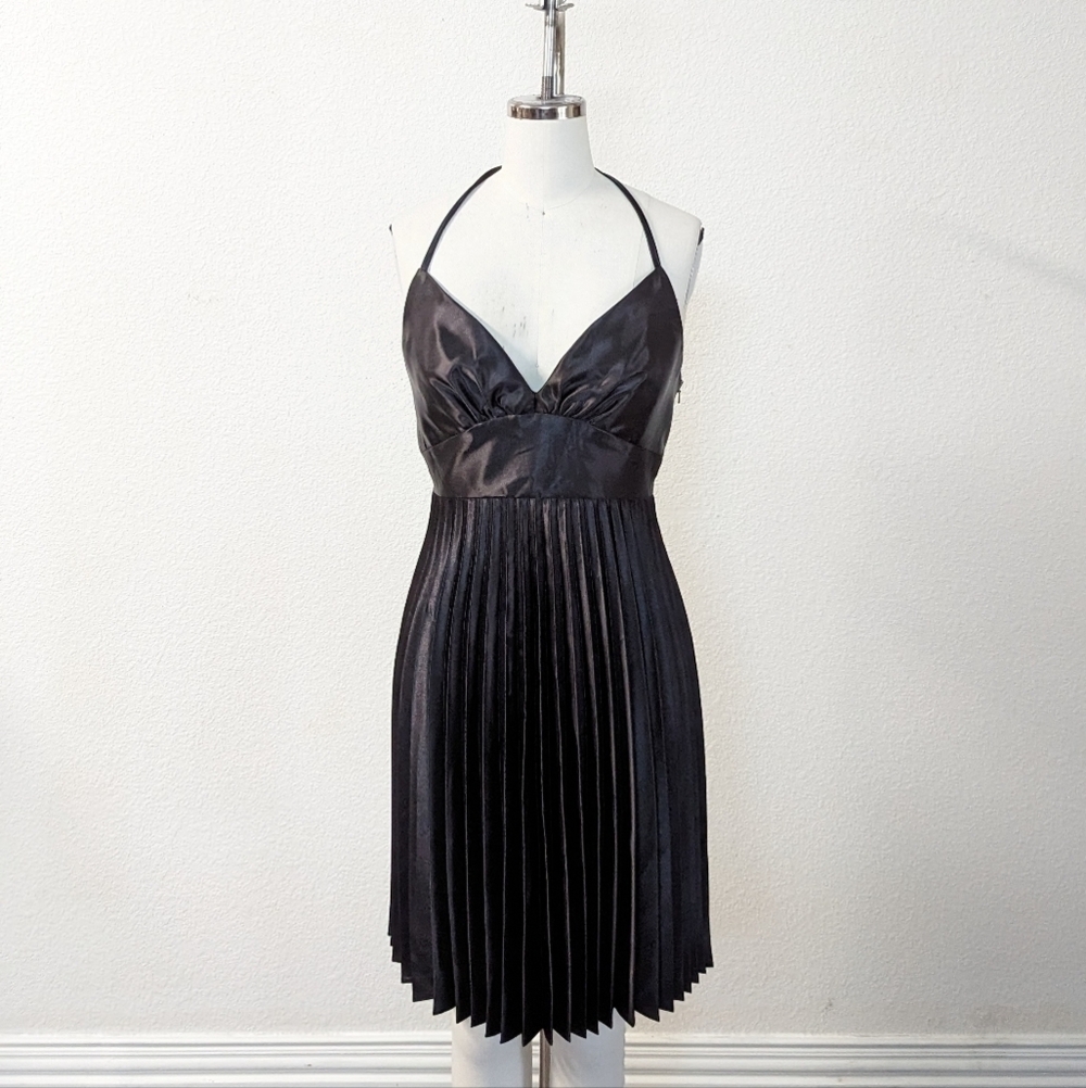 Vintage Jessica McClintock Gunne Sax Satin Pleated A Line Backless Dress Black 9